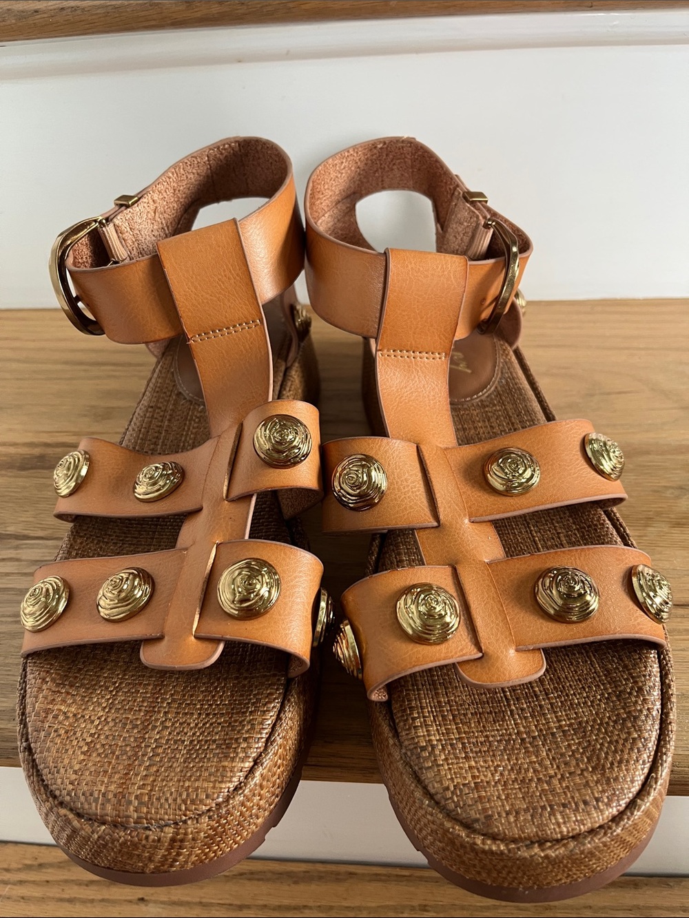 Women's Tan Leather Studded Gladiator Sandals with Gold Accents
